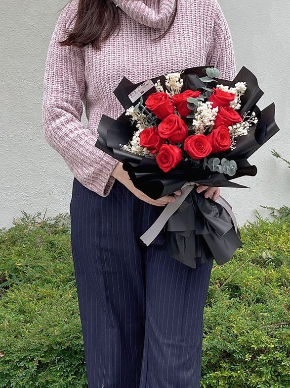(情人節預訂) 經典紅色9枝保鮮玫瑰花束|保鮮花 永生花 畢業花束