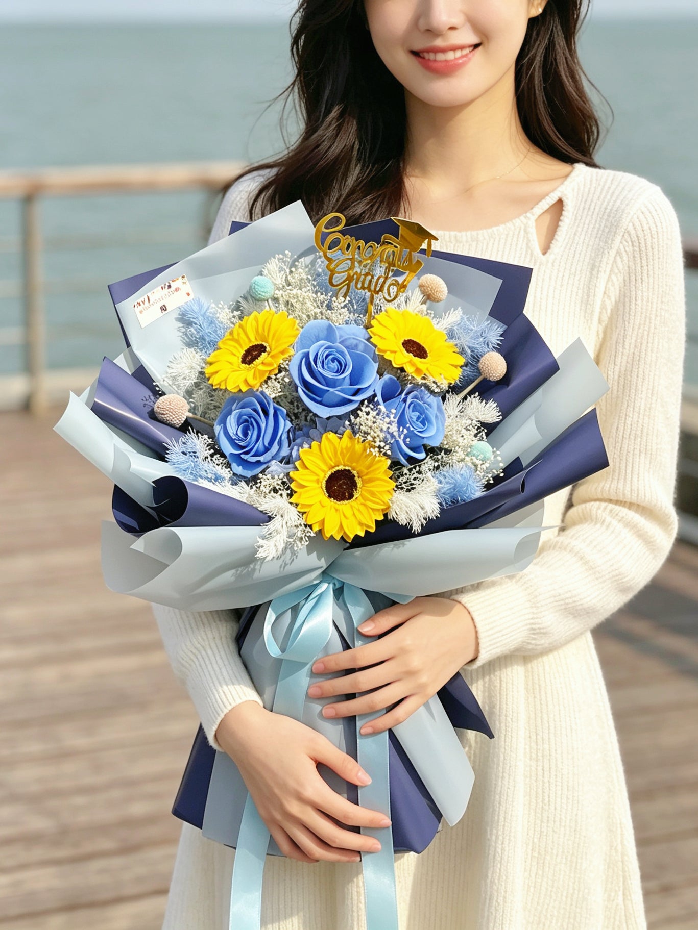 畢業花束精選- 3 枝蔚藍色保鮮玫瑰 + 番梘太陽花束|保鮮花+香梘花 永生花 中學 小學 幼稚園