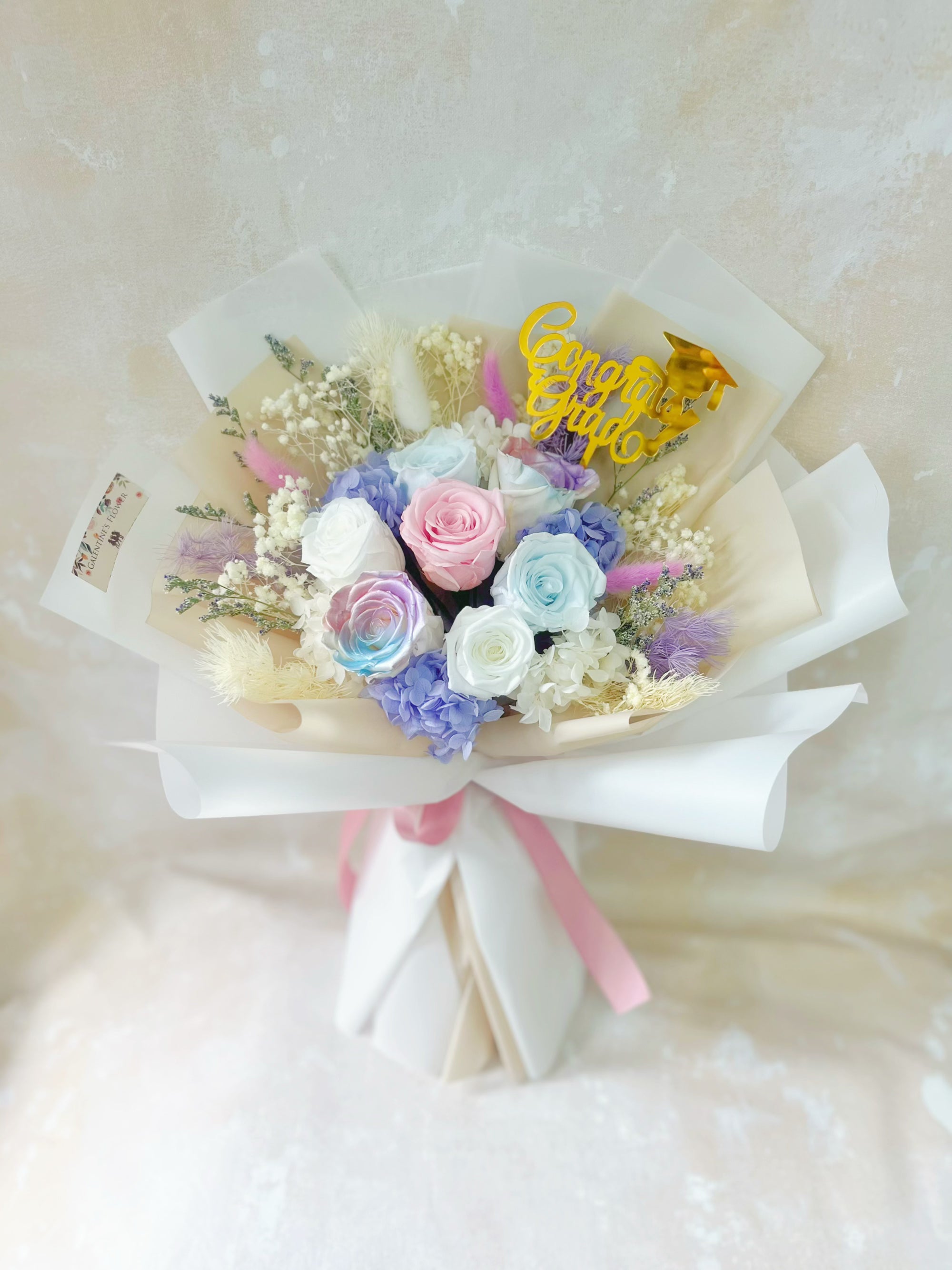 公主的假日/粉玫瑰11枝配白色洋桔梗精美花束包装/同城花店送花上门/祝福礼物