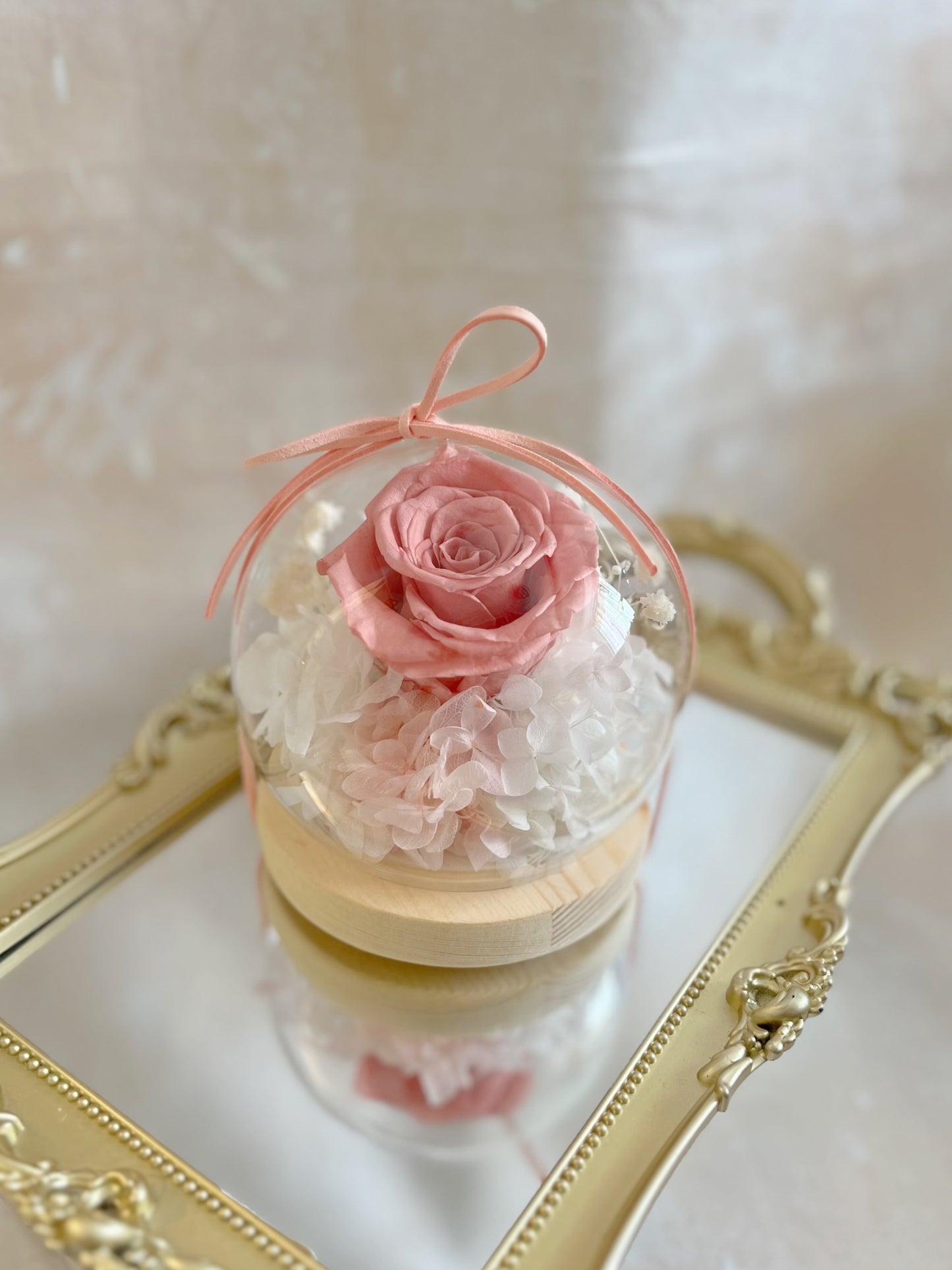 大地色系-豆沙粉紅色迷你水晶球保鮮花,永生花擺設 玻璃球 玻璃罩