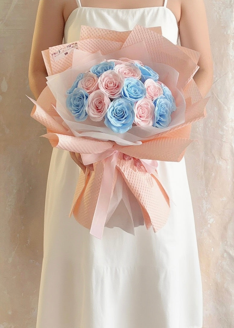 (預訂)20 枝粉紅粉藍色香梘玫瑰花束 |番梘花|畢業花束 情人節花束 求婚 生日花束
