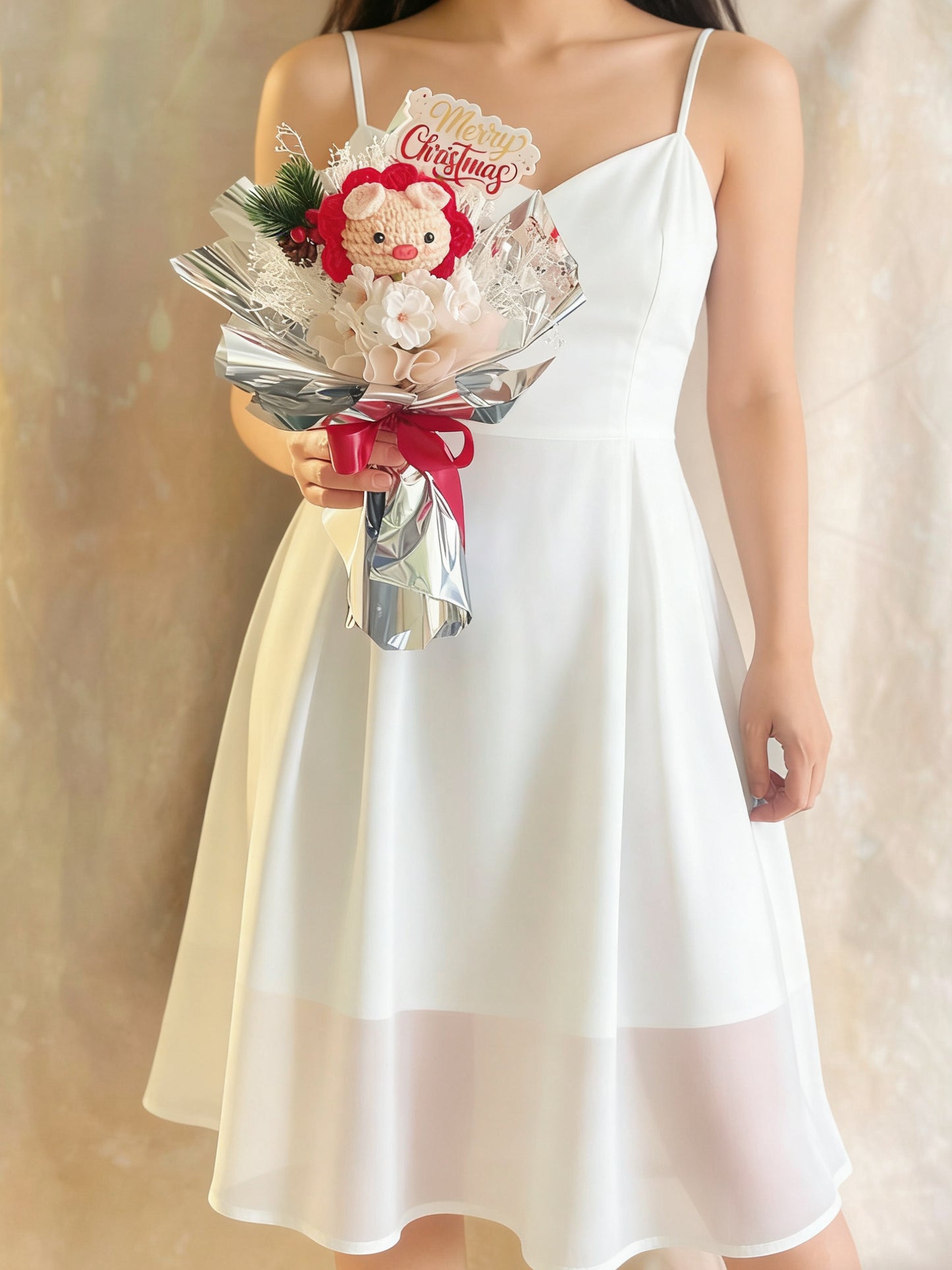 聖誕 小紅豬 玫瑰針織花束 畢業禮禮物 畢業花束 公仔花束 生日花束 中學 小學 幼稚園