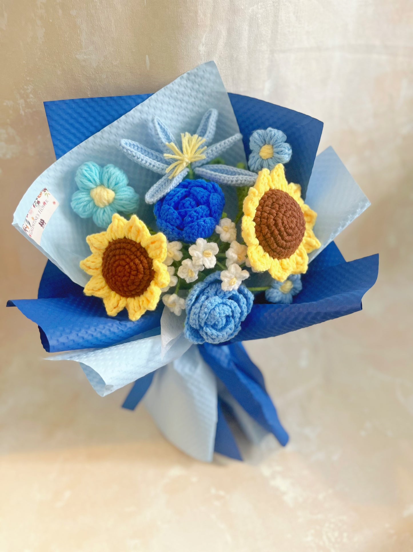 (有現貨)蔚籃心情 針織花束 太陽花 向日葵 畢業禮物 畢業花束 公仔花束 生日 中學 小學 幼稚園