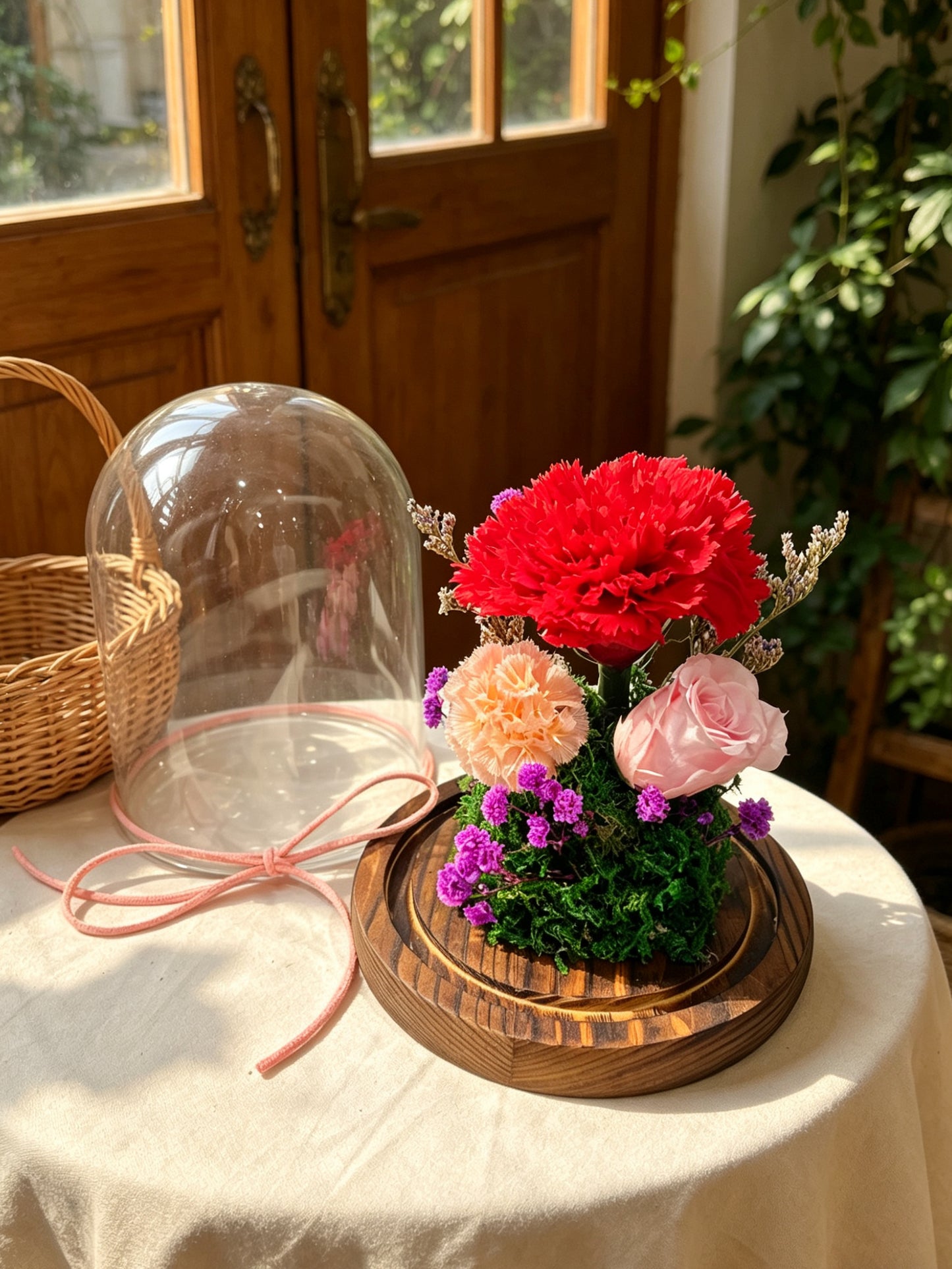 紅色康乃馨 保鮮花 永生花擺設 玻璃罩 花瓶