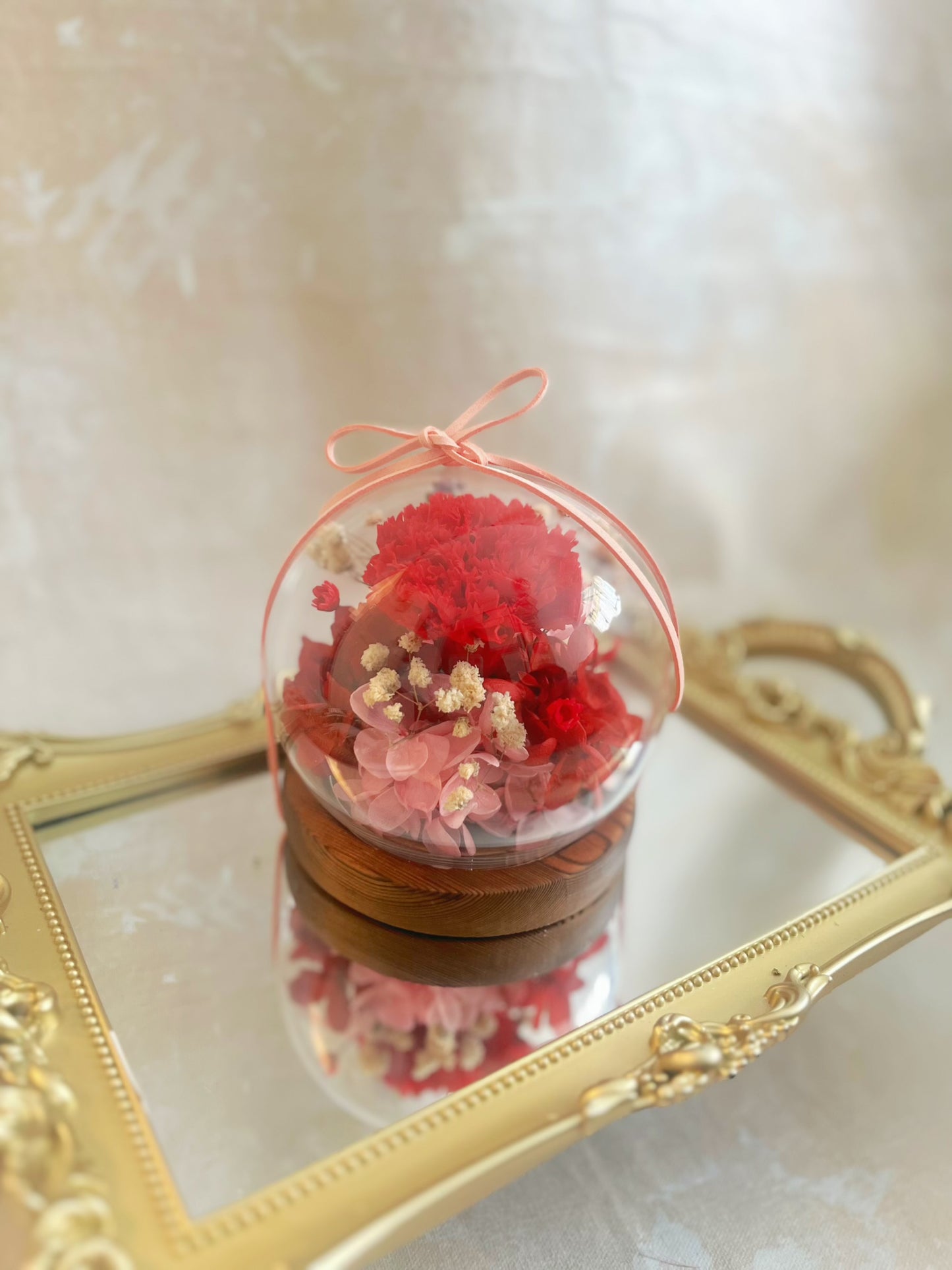 母親節系列 紅色迷你康乃馨水晶球保鮮花 永生花擺設 玻璃球 玻璃罩 花瓶