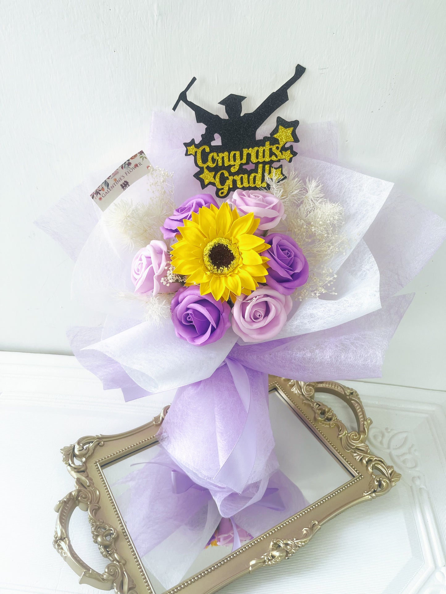 氣質紫~小版畢業花束精選 1枝太陽花花束 + 玫瑰花|香梘花生日花束 中學 小學 幼稚園