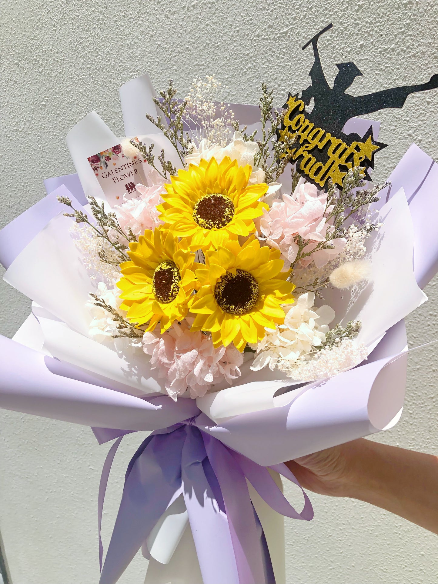 3枝番梘花太陽花花束 向日葵 |香梘花 畢業花束