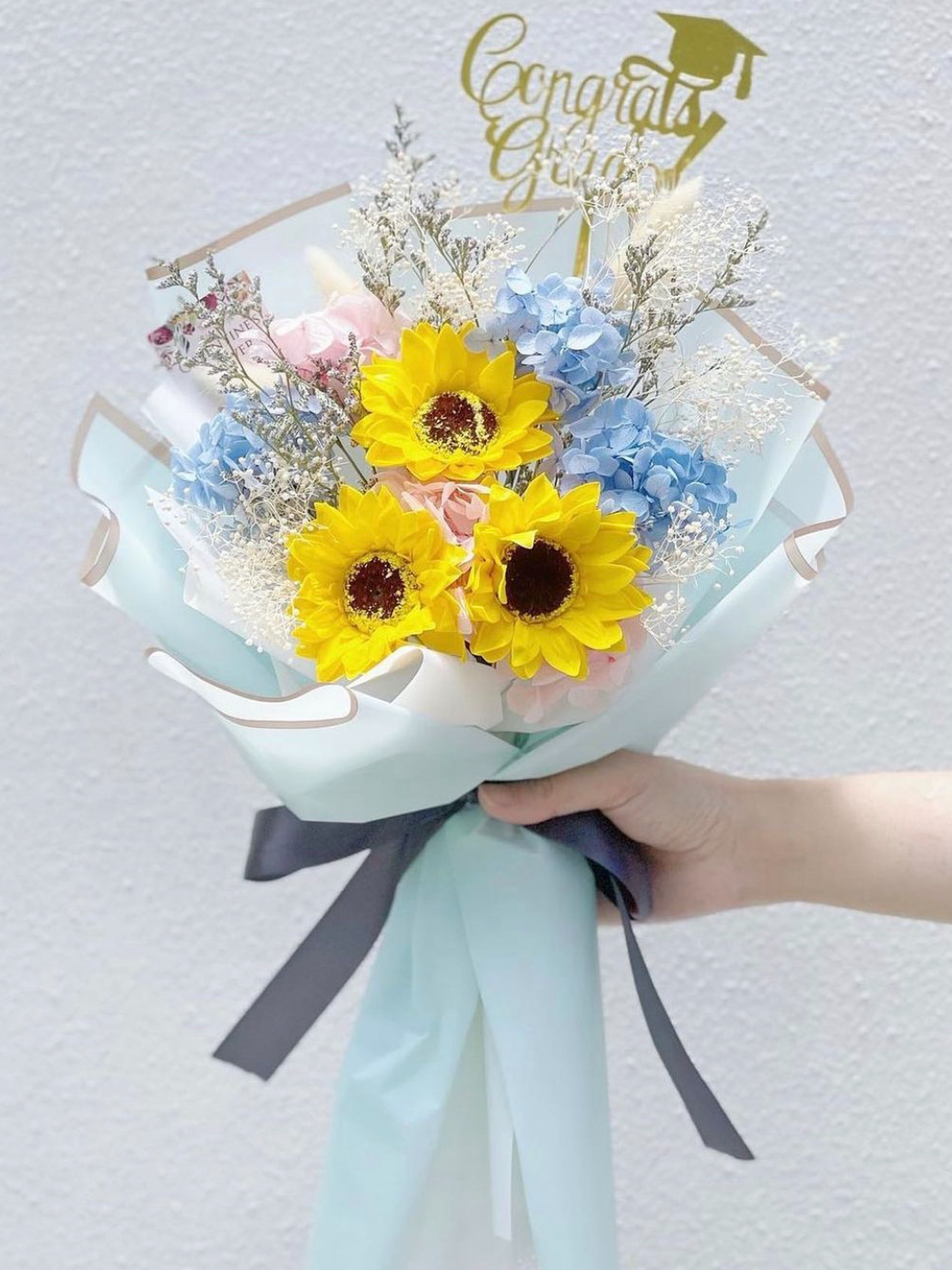 3枝番梘花太陽花花束 向日葵 |香梘花 畢業花束