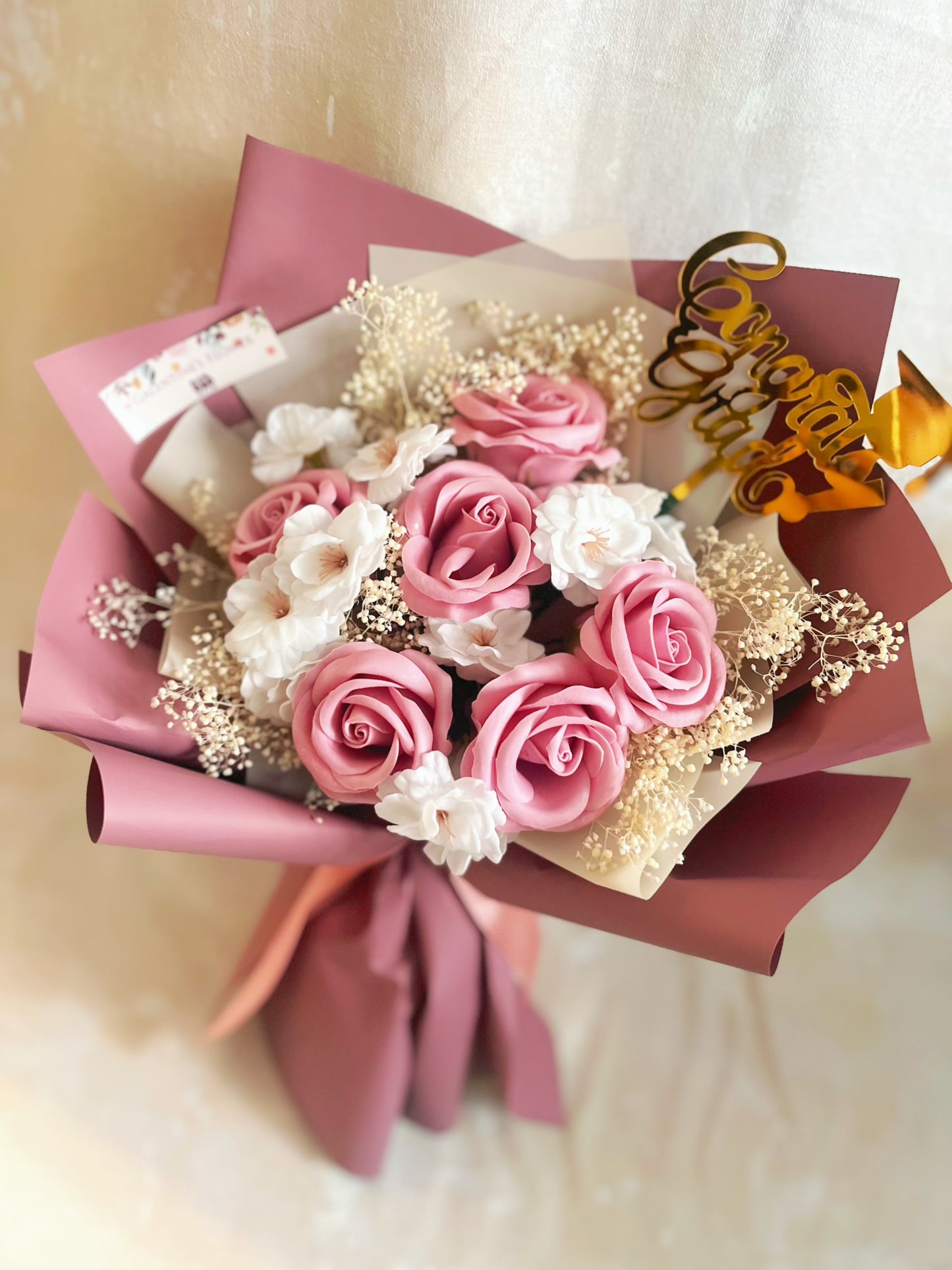 豆沙粉紅 6枝夢香梘玫瑰花束 ｜番梘花｜畢業花束 情人節花束 生日花束 中學 小學 幼稚園