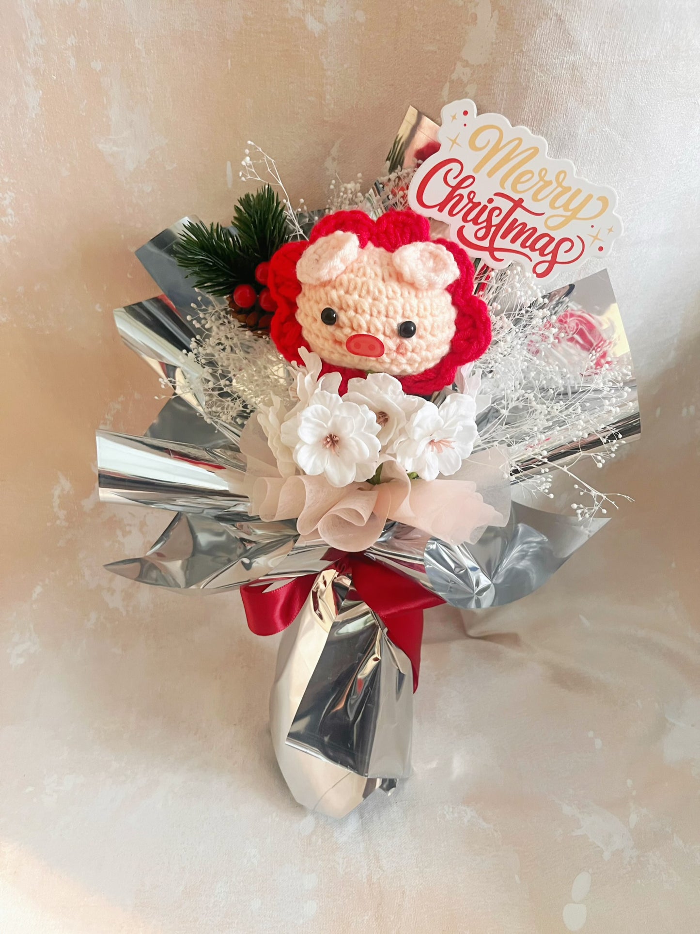 聖誕 小紅豬 玫瑰針織花束 畢業禮禮物 畢業花束 公仔花束 生日花束 中學 小學 幼稚園