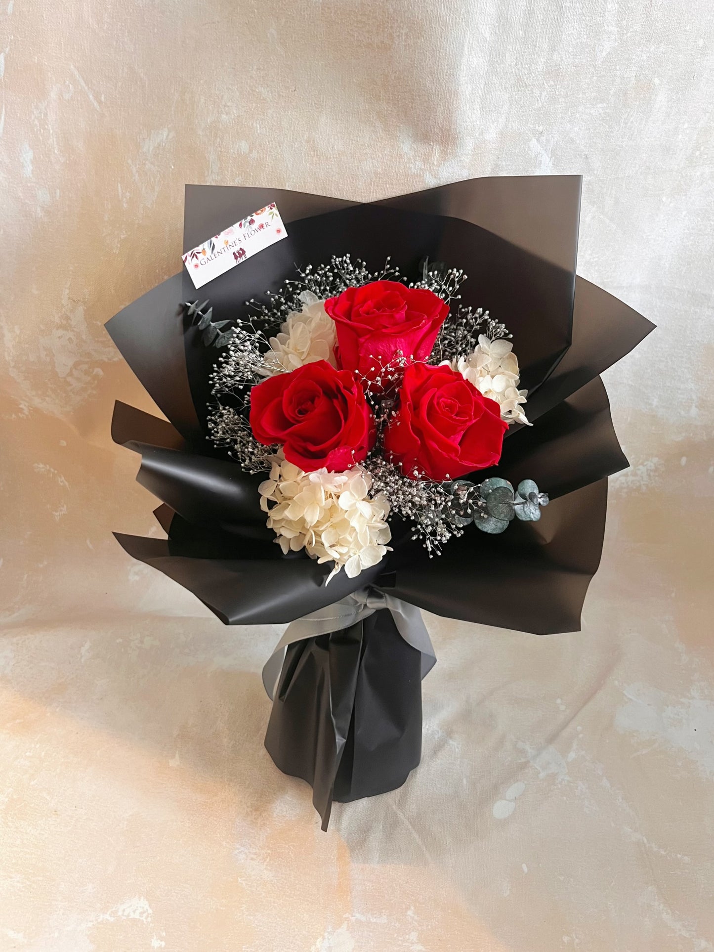 3 枝午夜熱情紅色－保鮮玫瑰花束｜保鮮花 永生花 畢業花束 生日花束