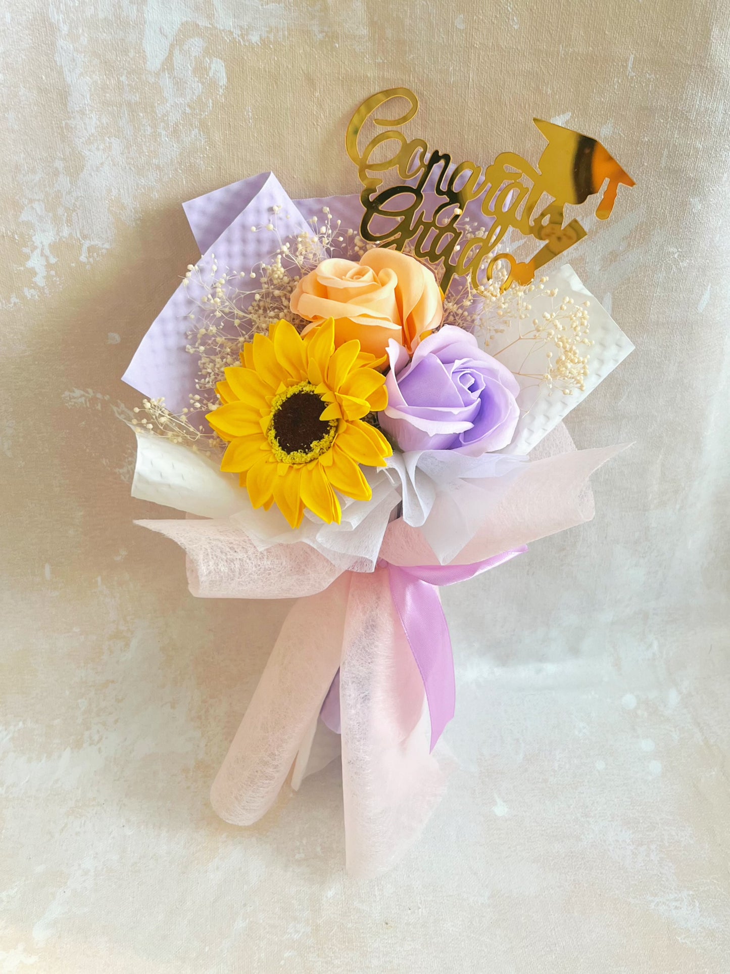 小女孩畢業禮 畢業花束精選 1枝太陽花花束 + 玫瑰花｜香梘花生日花束 中學 小學 幼稚園