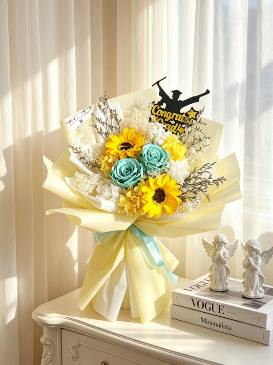 青色玫瑰畢業花束精選- Sun Will Shine 玫瑰太陽花束｜保鮮花+香梘花 永生花 中學 小學 幼稚園