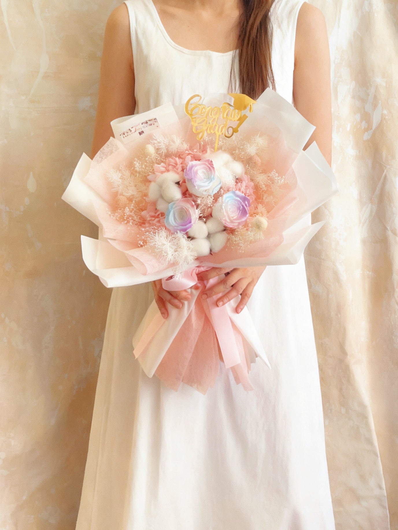 3 枝夢幻人漁珍珠色系－保鮮玫瑰花束｜保鮮花 永生花 畢業花束