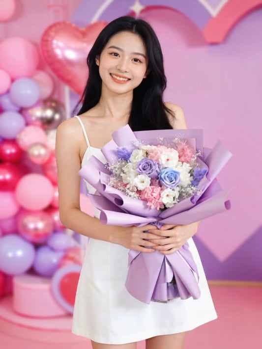 (情人節預訂)兩心相愛2枝紫色保鮮玫瑰花束｜保鮮花 永生花 生日花束
