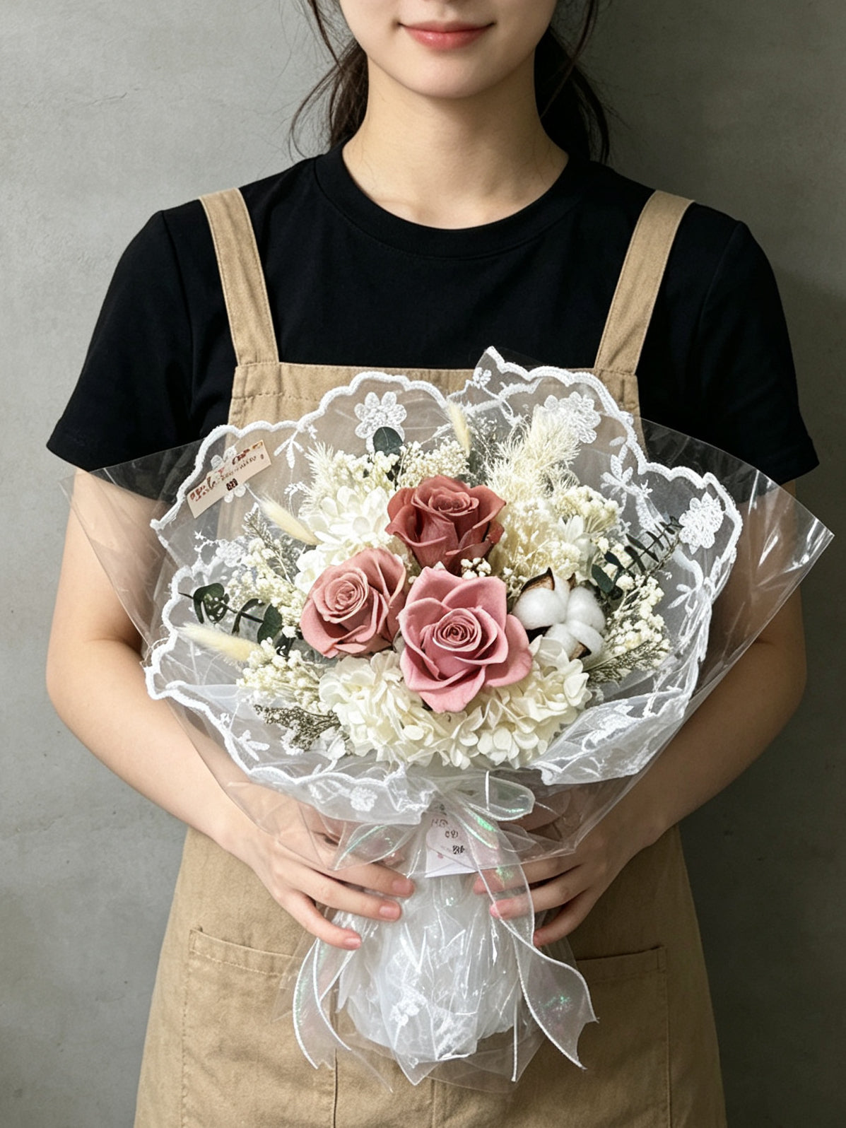 （有現貨）永生花束 玫瑰－蕾絲3 枝大地色系保鮮玫瑰花束｜畢業花束