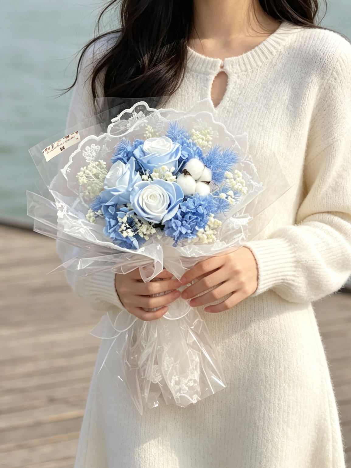 （有現貨）永生花束 玫瑰－蕾絲3 枝冰藍色系保鮮玫瑰花束｜畢業花束