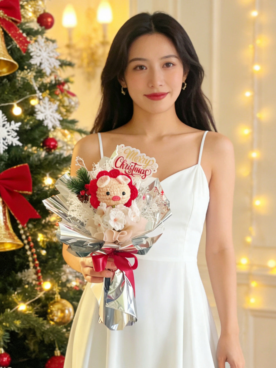 聖誕 小紅豬 玫瑰針織花束 畢業禮禮物 畢業花束 公仔花束 生日花束 中學 小學 幼稚園