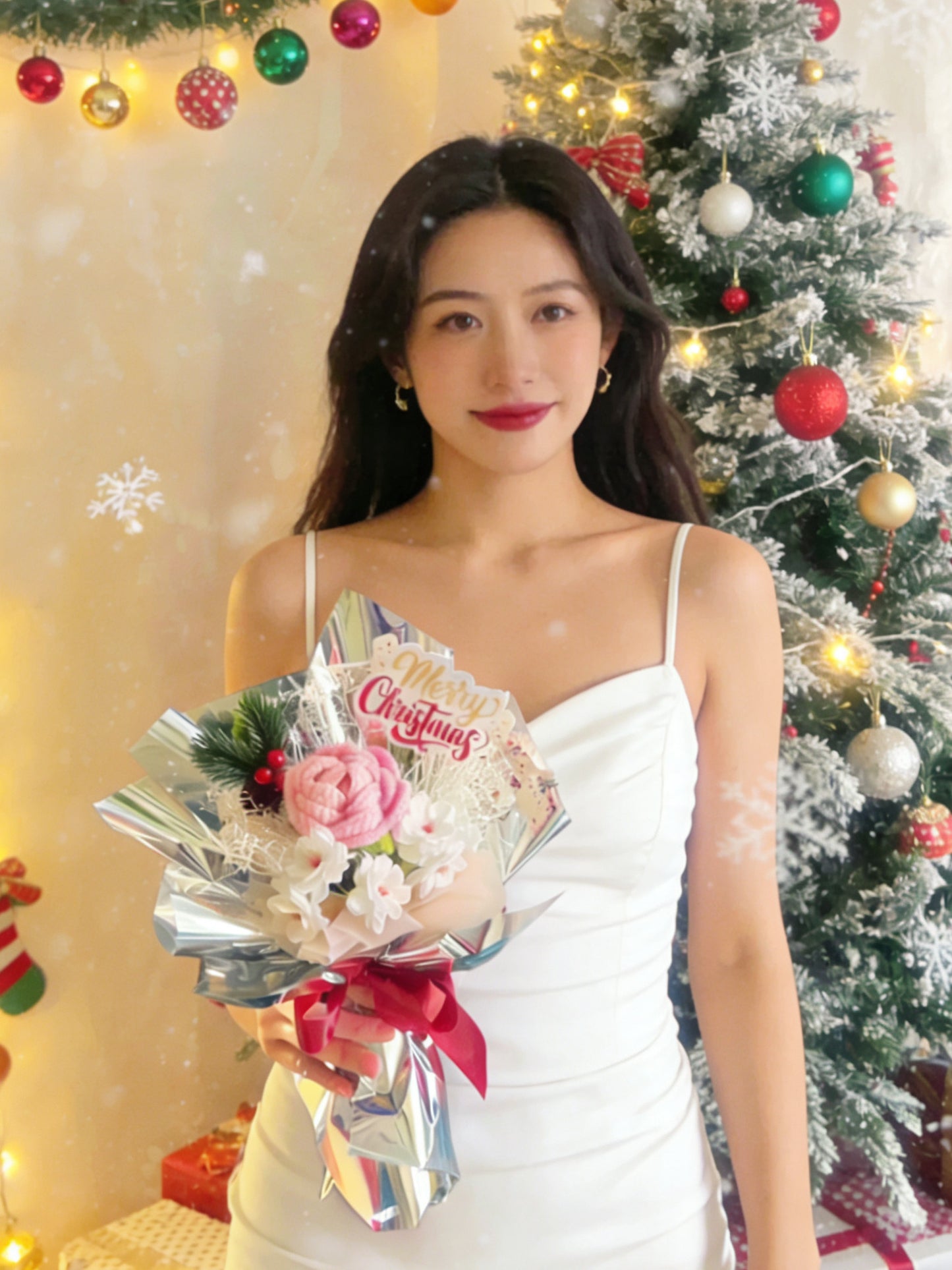 聖誕粉紅玫瑰針織花束 畢業禮禮物 畢業花束 公仔花束 生日花束 中學 小學 幼稚園