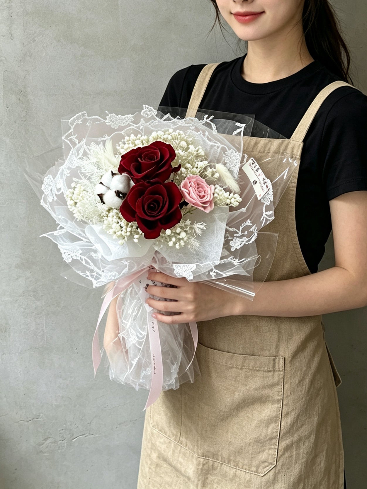（有現貨）永生花束 玫瑰－蕾絲浪漫2枝紅色保鮮玫瑰花束｜畢業花束