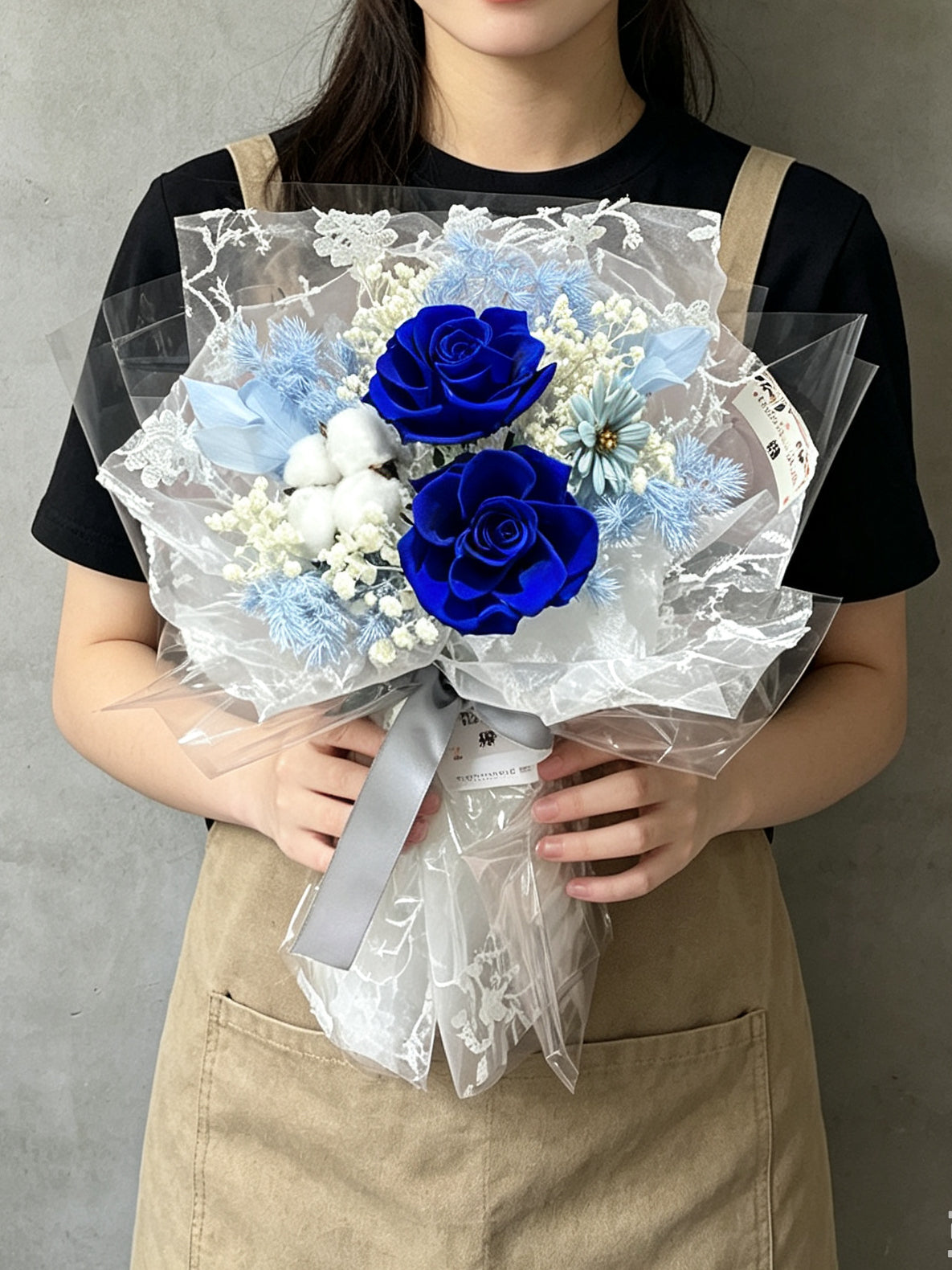 （有現貨）永生花束 玫瑰－蕾絲浪漫2枝寶藍色保鮮玫瑰花束｜畢業花束