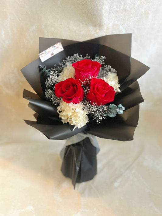 3 枝午夜熱情紅色－保鮮玫瑰花束｜保鮮花 永生花 畢業花束 生日花束