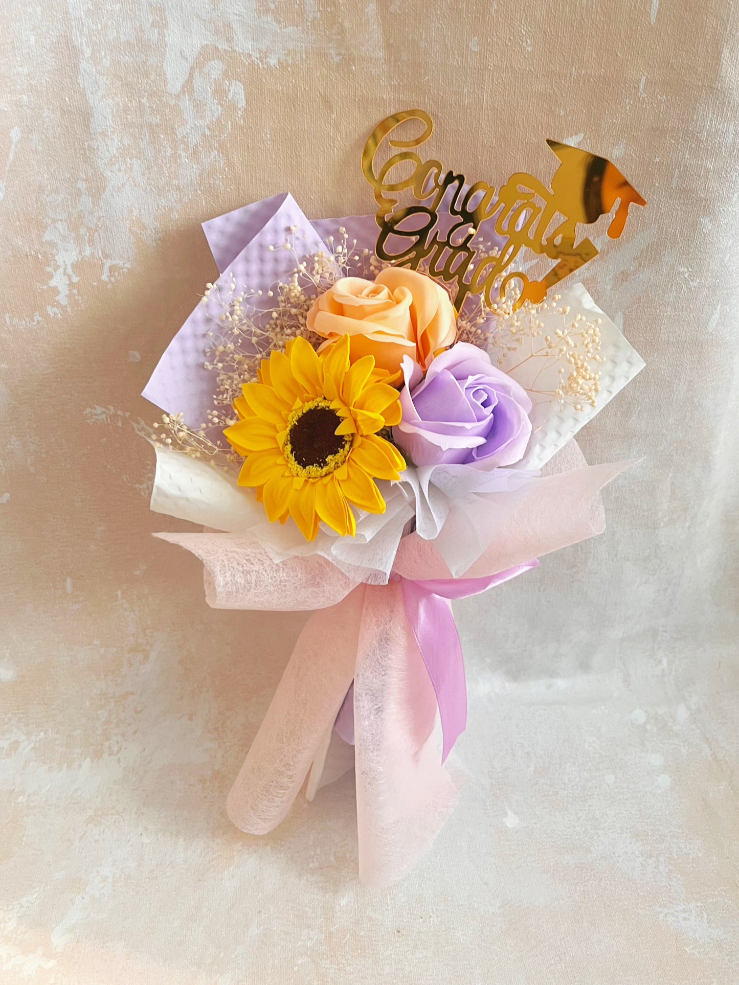 小女孩畢業禮 畢業花束精選 1枝太陽花花束 + 玫瑰花｜香梘花生日花束 中學 小學 幼稚園