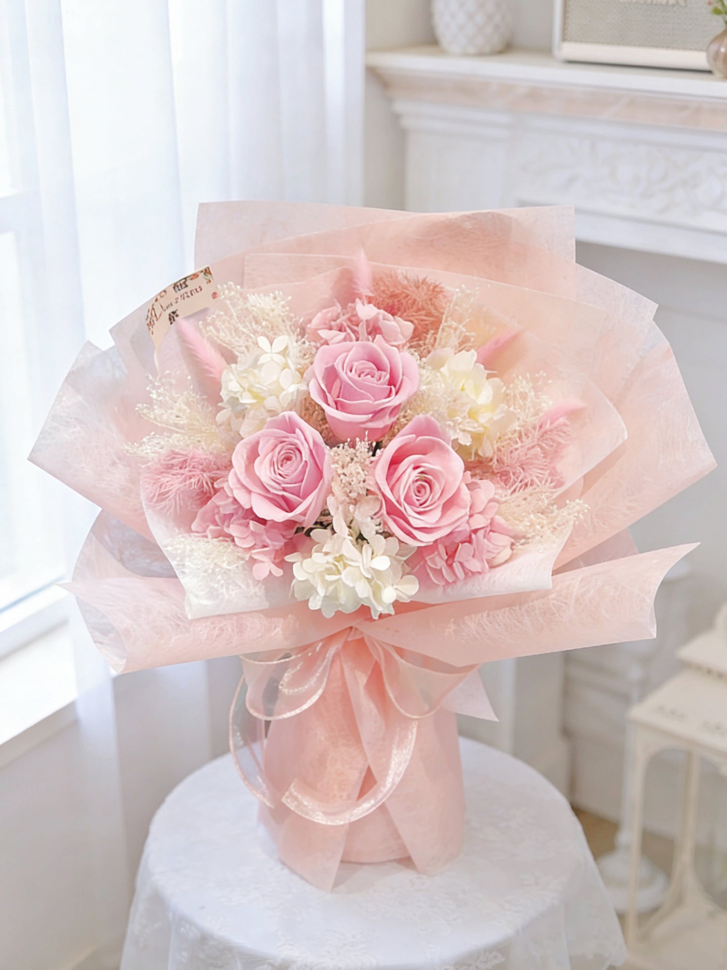 （情人節預訂) 可愛女友 3 枝玫瑰－粉紅色保鮮玫瑰花束｜保鮮花 永生花 畢業花束 生日花束