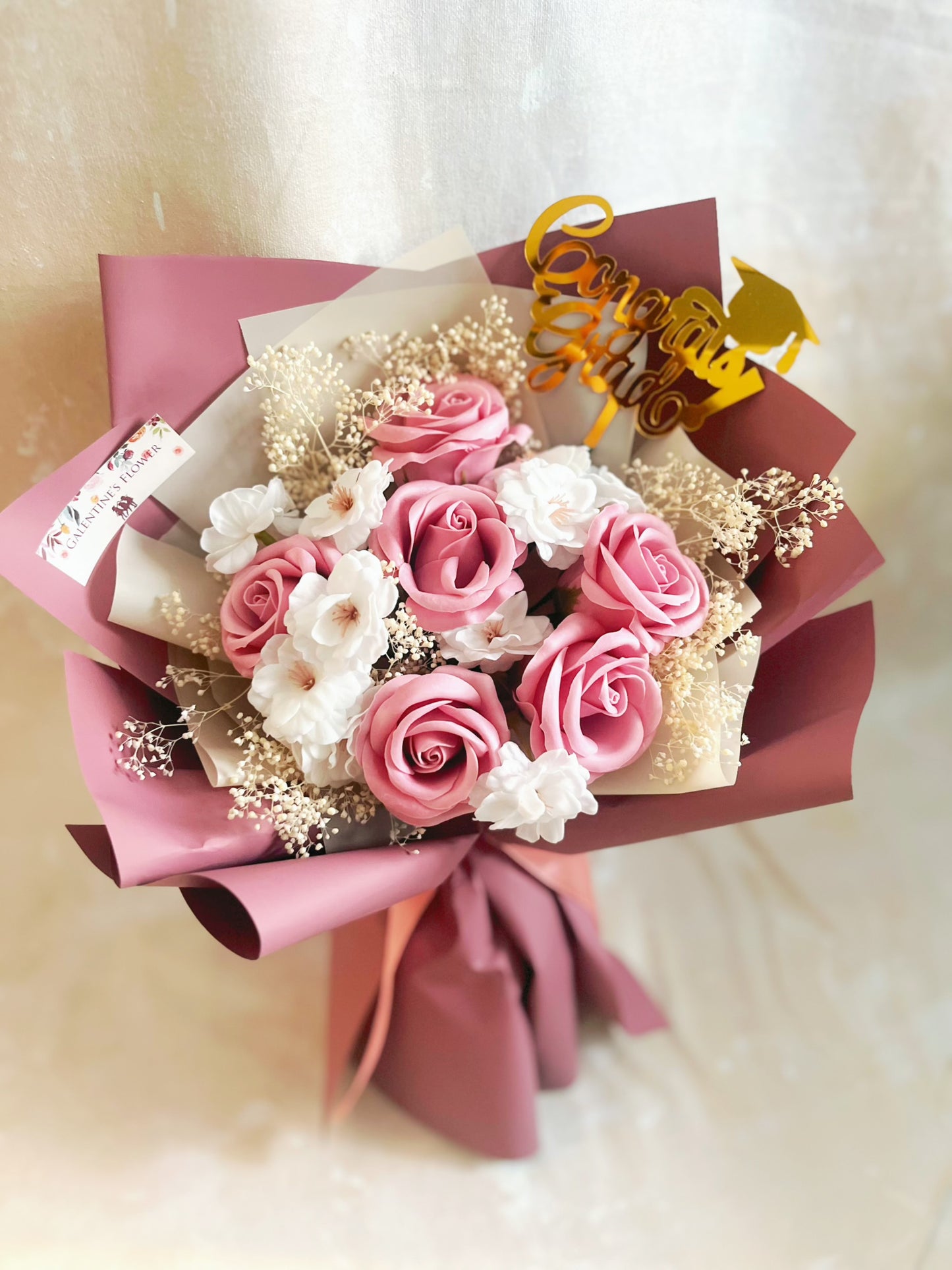 豆沙粉紅 6枝夢香梘玫瑰花束 ｜番梘花｜畢業花束 情人節花束 生日花束 中學 小學 幼稚園