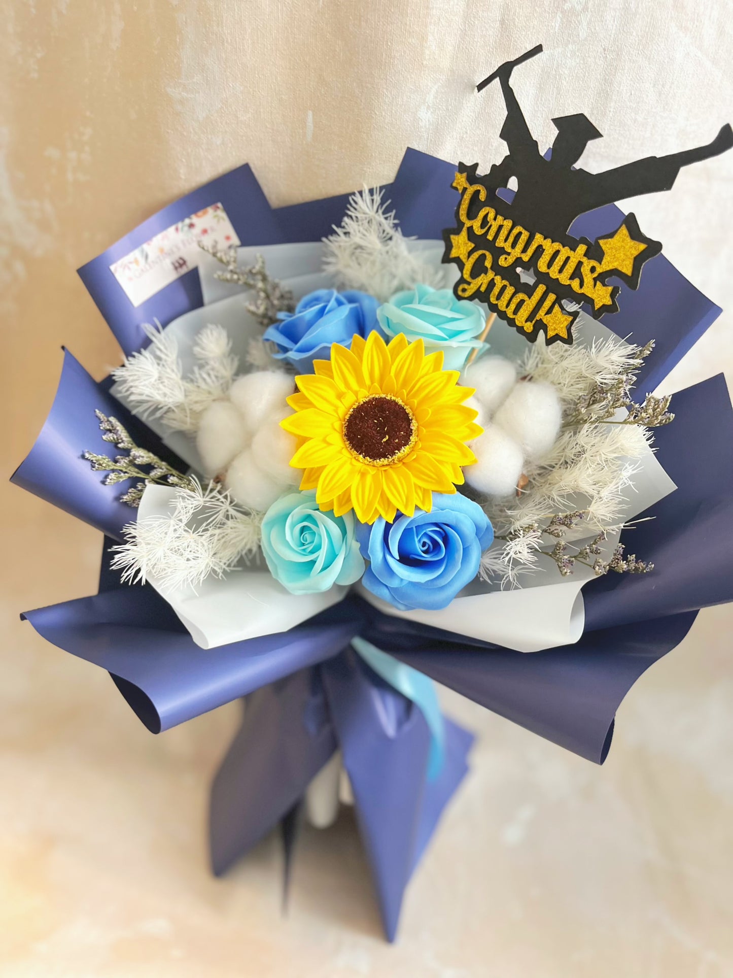 聰明智多星~小版畢業花束精選 1枝太陽花花束 + 玫瑰花｜香梘花生日花束 中學 小學 幼稚園