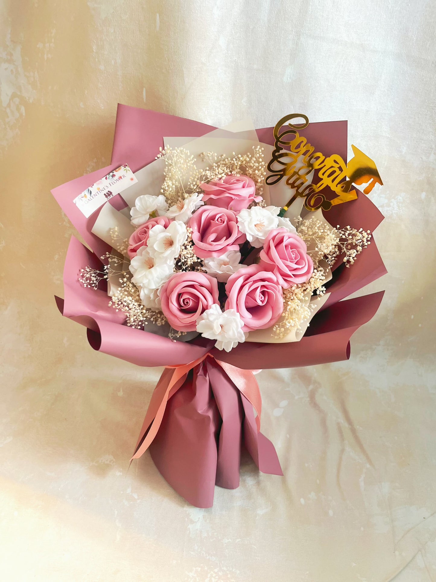 豆沙粉紅 6枝夢香梘玫瑰花束 ｜番梘花｜畢業花束 情人節花束 生日花束 中學 小學 幼稚園