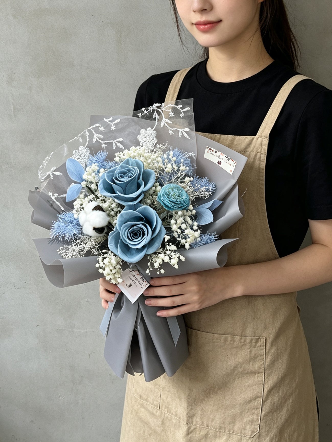 （有現貨）永生花束 玫瑰－氣質灰藍2枝保鮮玫瑰花束｜畢業花束