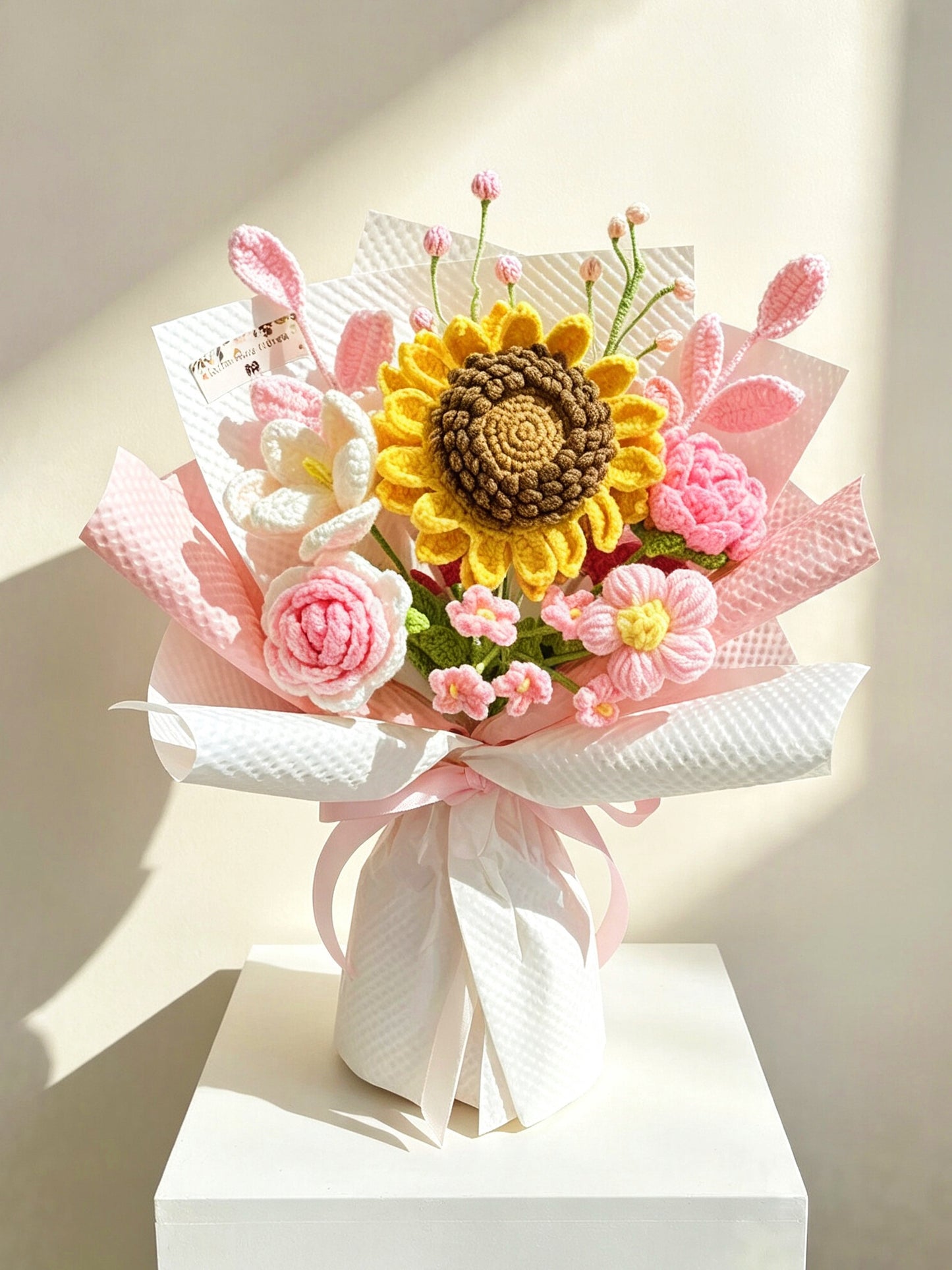 （有現貨）粉紅陽光 針織花束 太陽花 向日葵 畢業禮物 畢業花束 公仔 生日花束 中學 小學 幼稚園