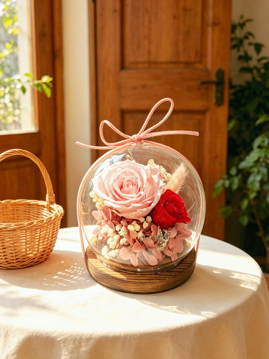粉紅色迷你 玫瑰 保鮮花 永生花 擺設 玻璃球 玻璃罩 花瓶