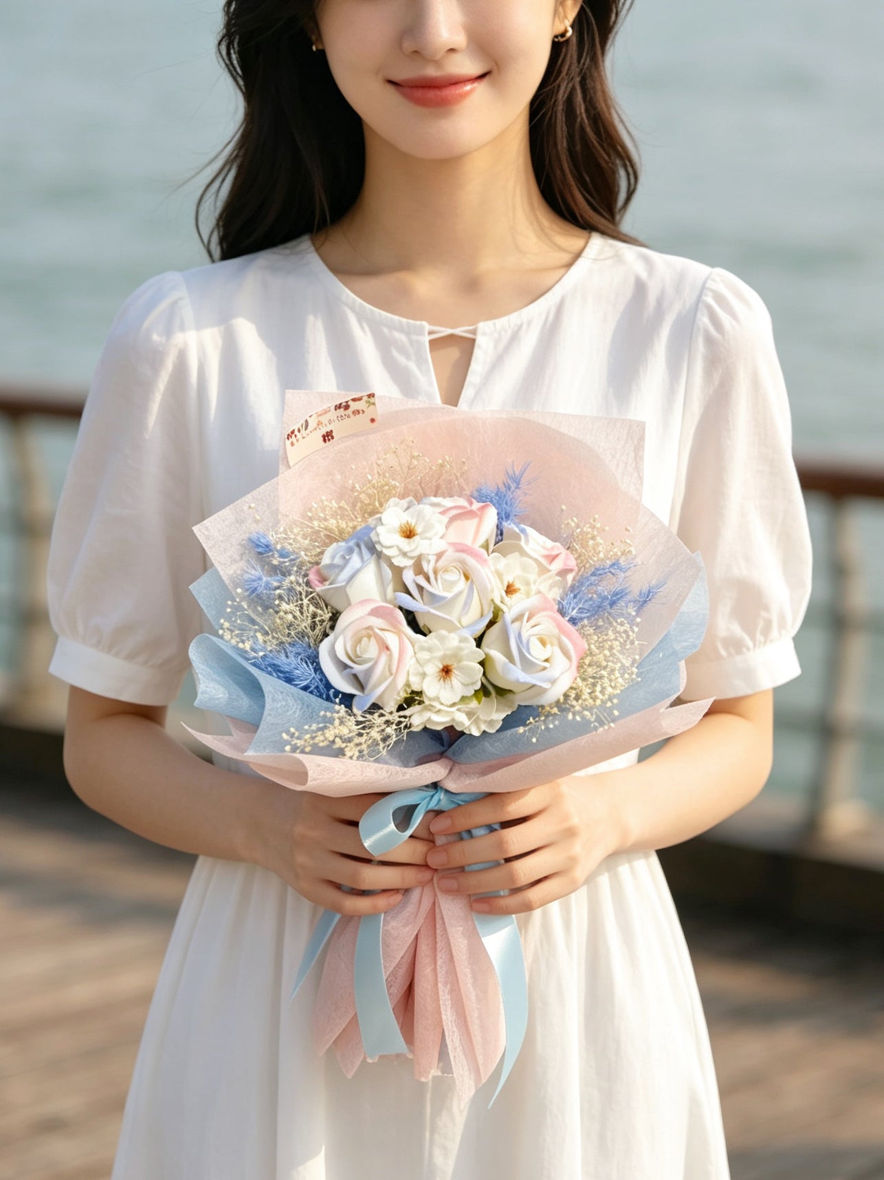 （有現貨）夢幻6枝粉紅藍香梘玫瑰花束 ｜番梘花｜畢業花束 情人節花束 生日花束 中學 小學 幼稚園