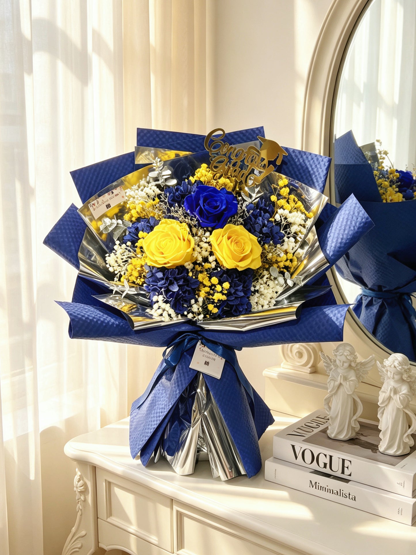 梵高夜空之花Starry Night 黃藍玫瑰過單枝保鮮玫瑰小花束｜保鮮花 永生花 畢業花束 乾花
