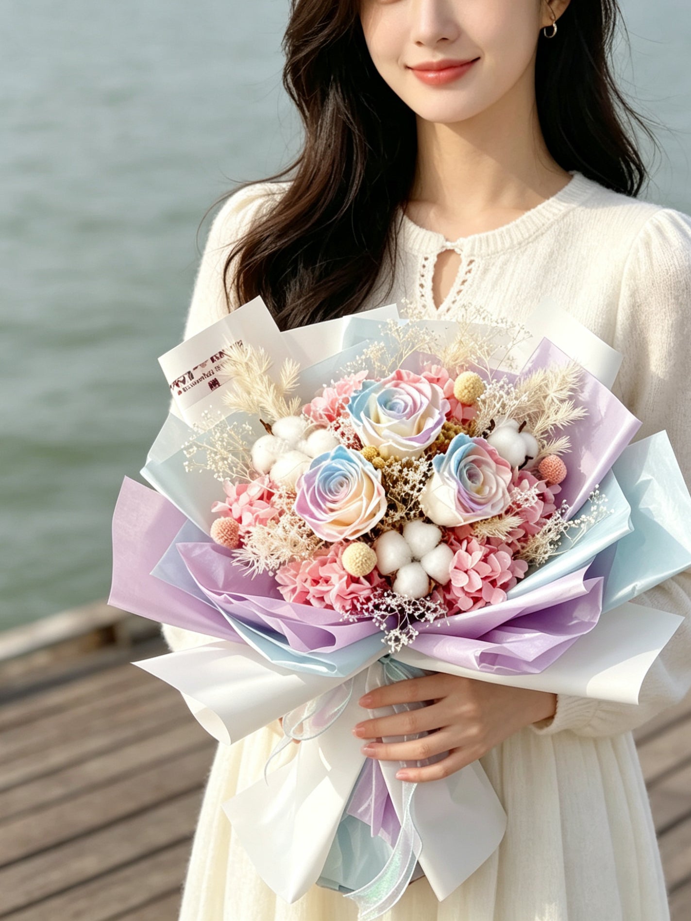 3 枝人漁珍珠色系－保鮮玫瑰花束｜保鮮花 永生花 畢業花束