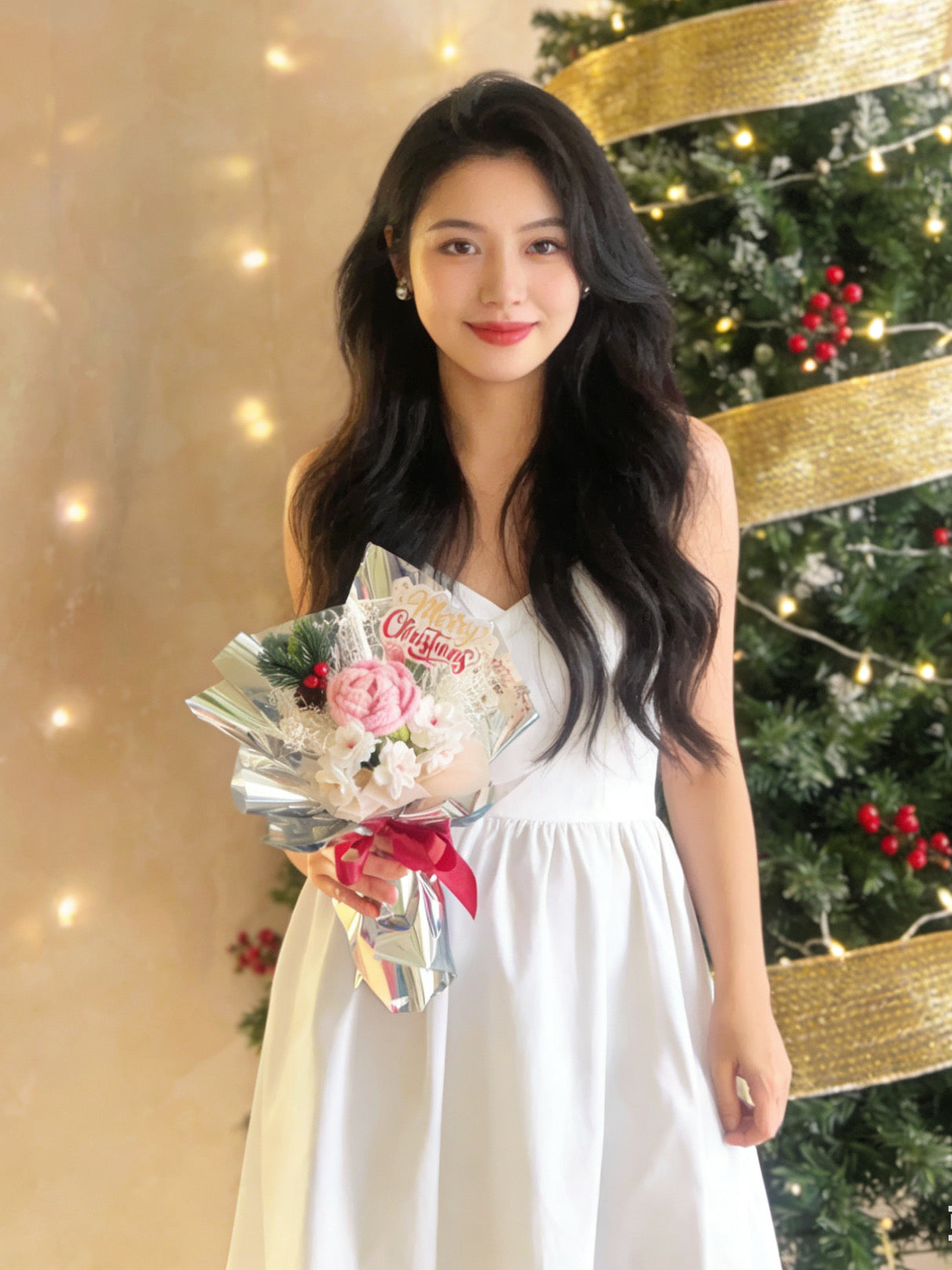 聖誕粉紅玫瑰針織花束 畢業禮禮物 畢業花束 公仔花束 生日花束 中學 小學 幼稚園