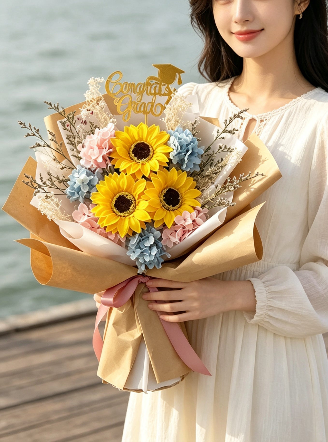 3枝番梘花太陽花花束 向日葵 ｜香梘花 畢業花束 中學 小學 幼稚園