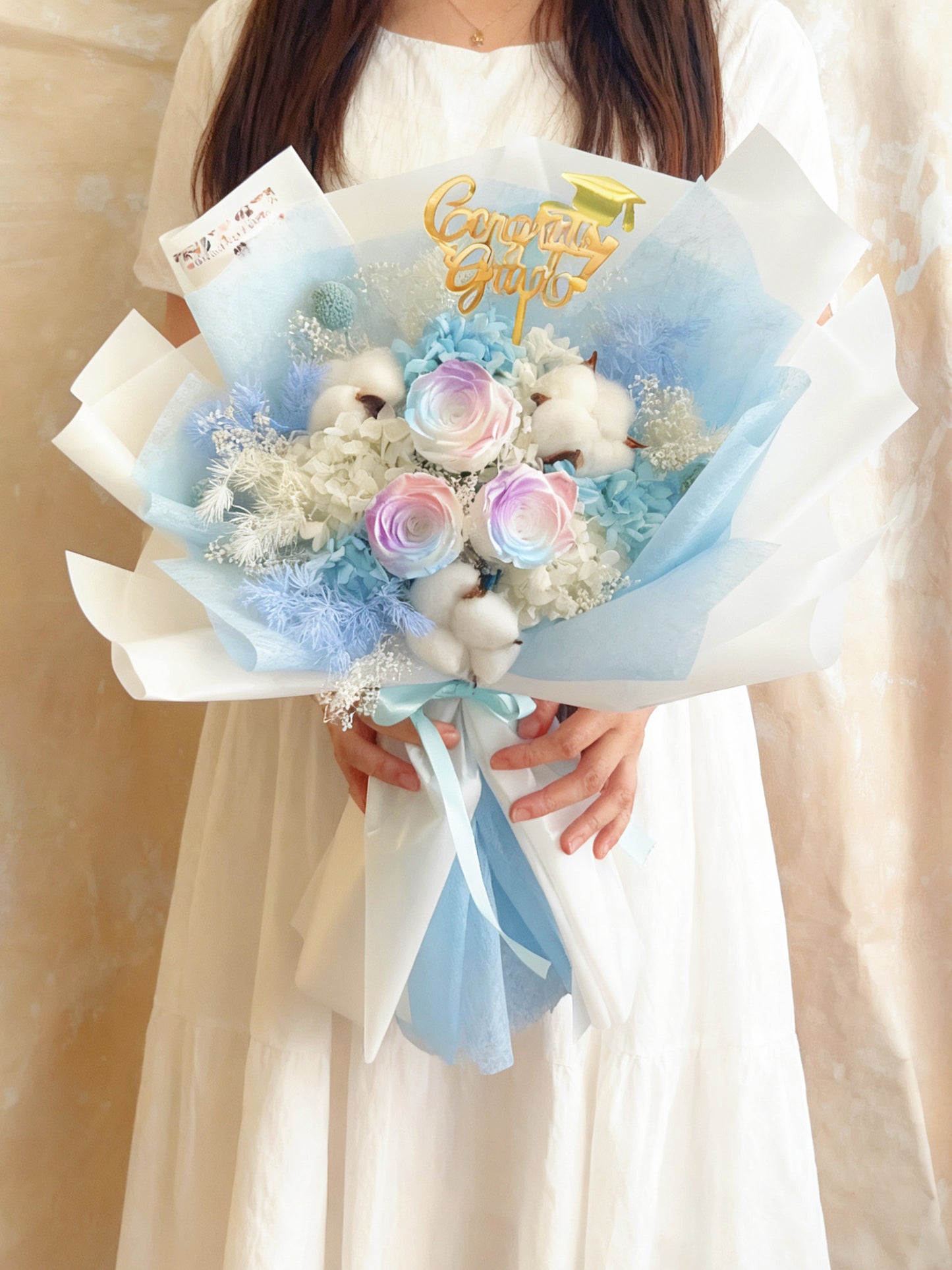 3 枝人漁珍珠色系－保鮮玫瑰花束｜保鮮花 永生花 畢業花束