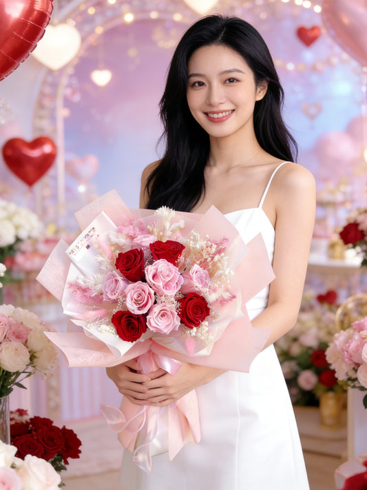 （情人節預訂) 熱情的愛 10枝粉紅+ 紅保鮮玫瑰花束｜保鮮花 永生花 生日花束