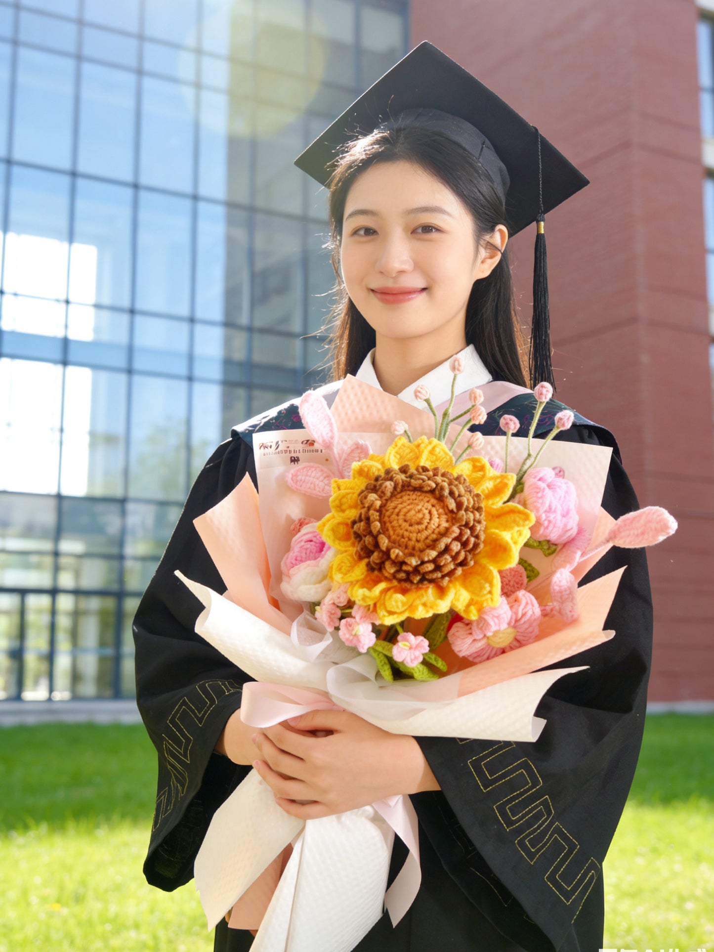 粉紅陽光 針織花束 太陽花 向日葵 畢業禮物 畢業花束 公仔 生日花束 中學 小學 幼稚園