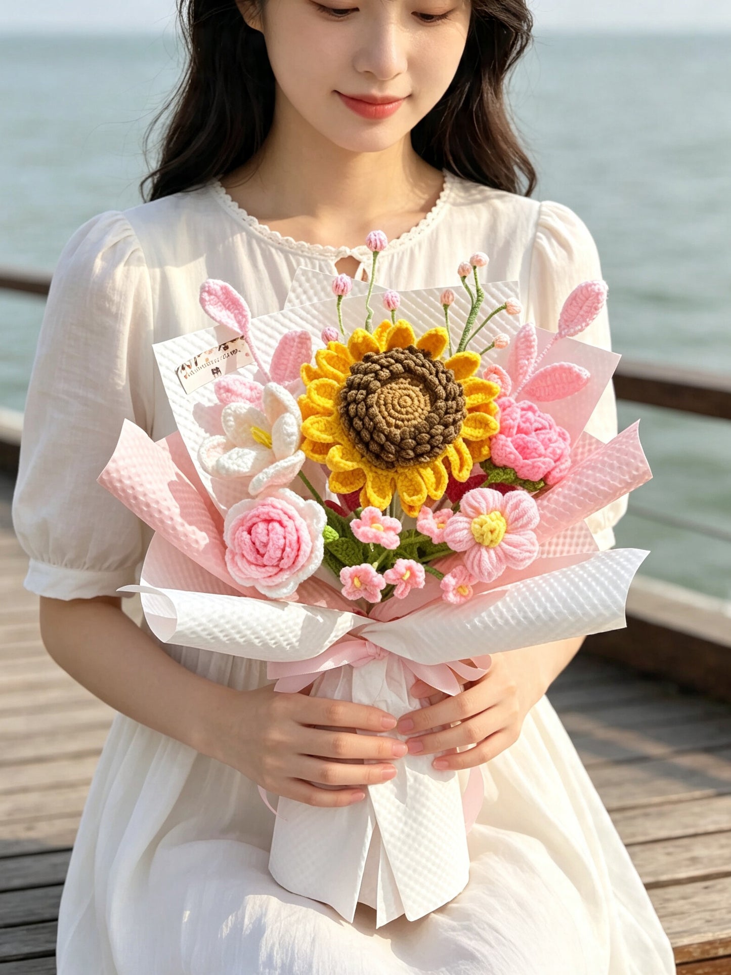（有現貨）粉紅陽光 針織花束 太陽花 向日葵 畢業禮物 畢業花束 公仔 生日花束 中學 小學 幼稚園