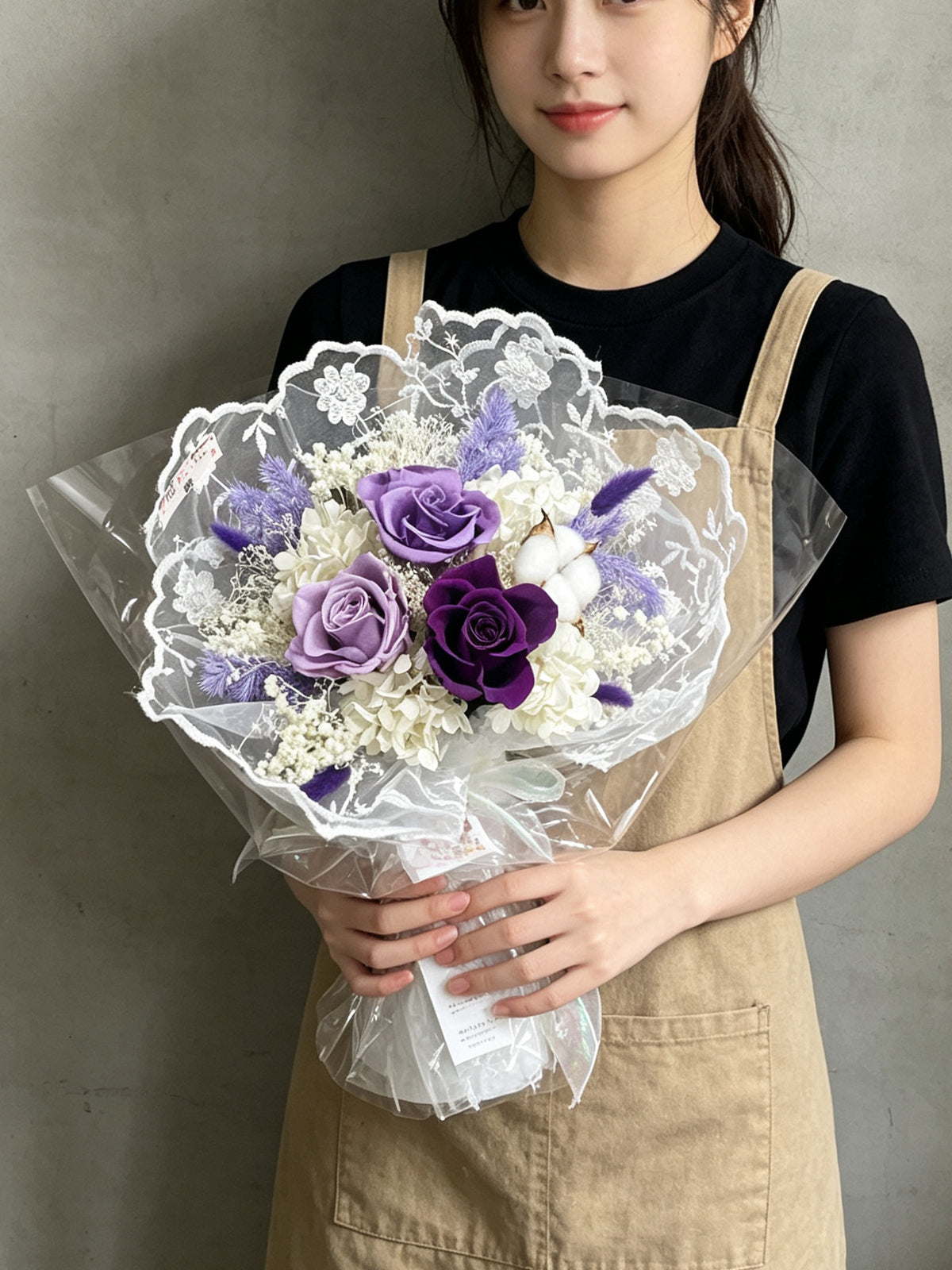 （有現貨）永生花束 玫瑰－蕾絲3 枝紫色色系保鮮玫瑰花束｜畢業花束