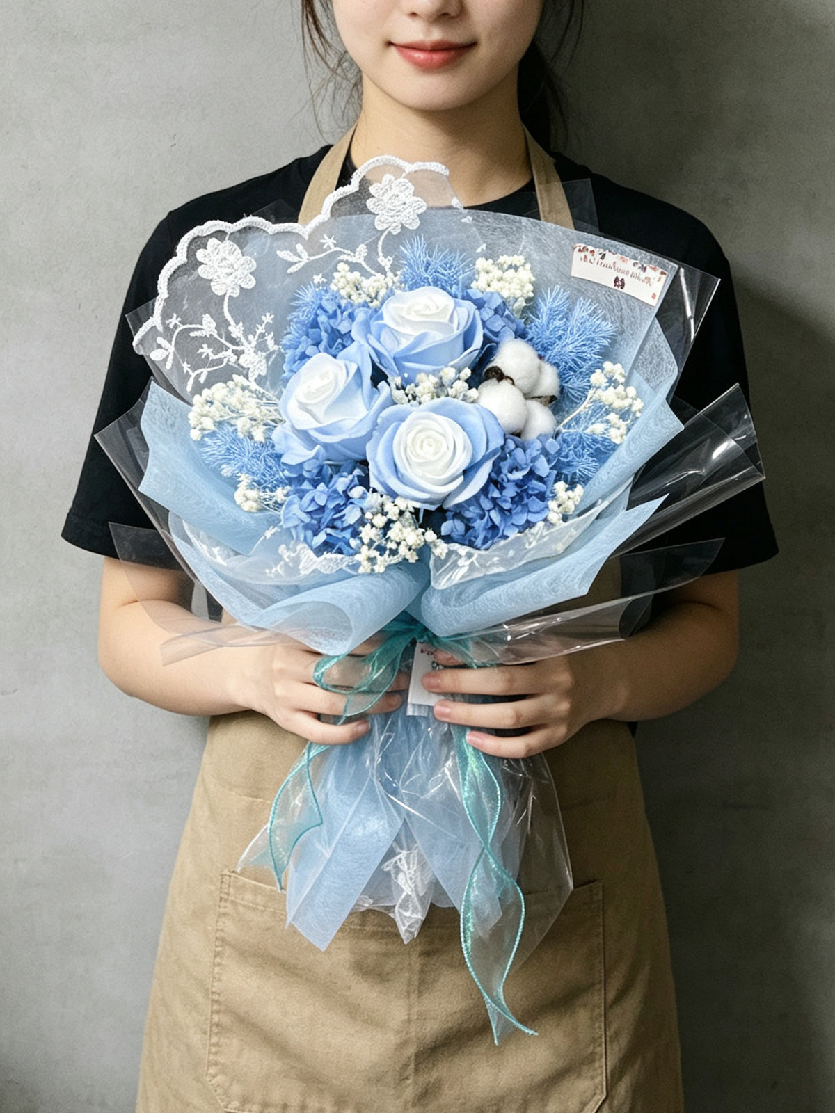 （有現貨）永生花束 玫瑰－蕾絲3 枝冰藍色系保鮮玫瑰花束｜畢業花束