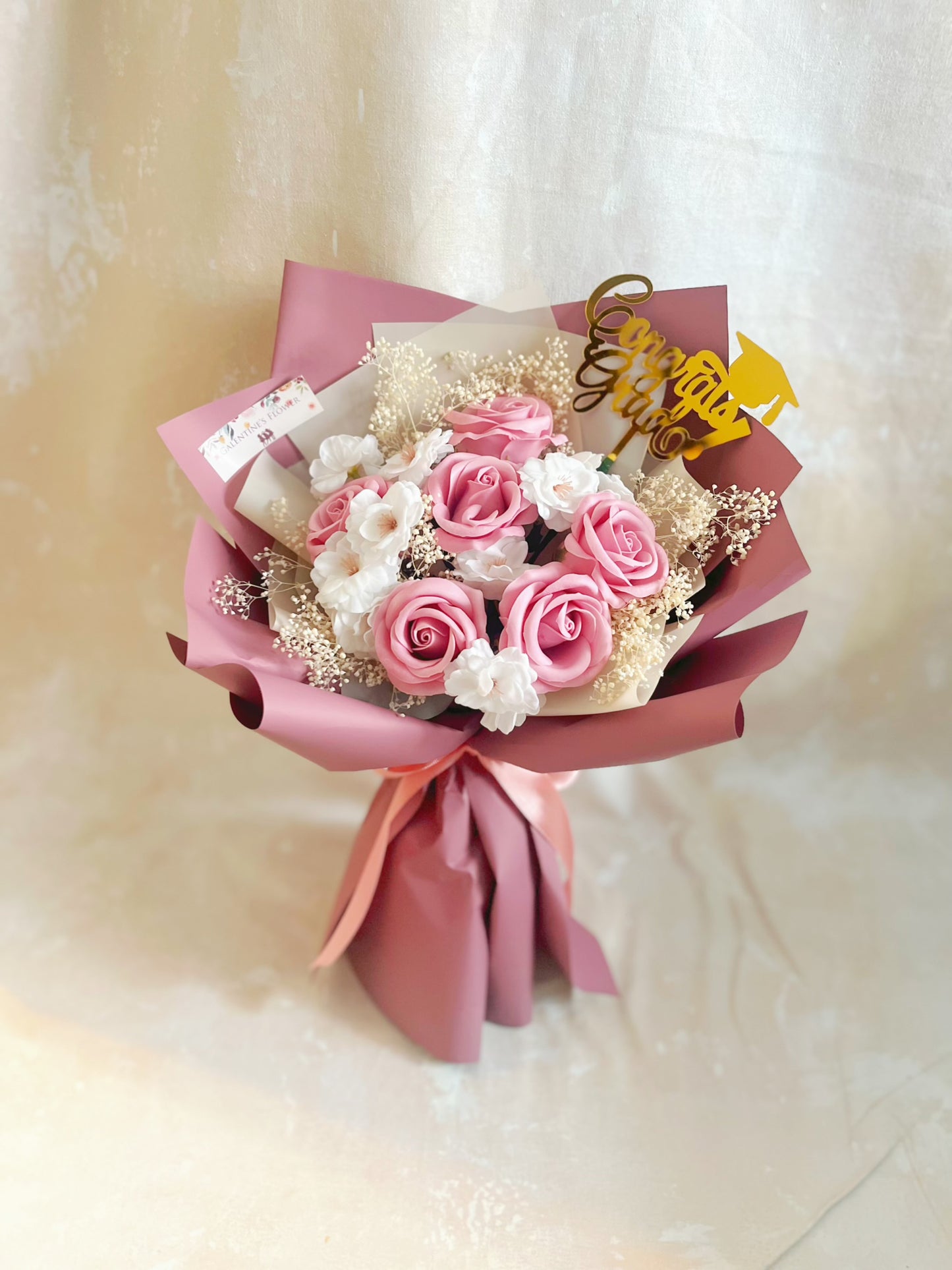 豆沙粉紅 6枝夢香梘玫瑰花束 ｜番梘花｜畢業花束 情人節花束 生日花束 中學 小學 幼稚園