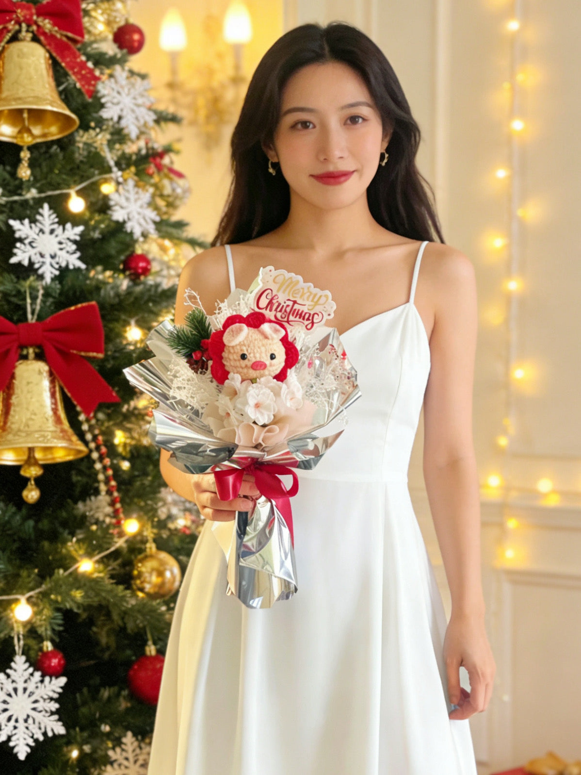 聖誕 小紅豬 玫瑰針織花束 畢業禮禮物 畢業花束 公仔花束 生日花束 中學 小學 幼稚園