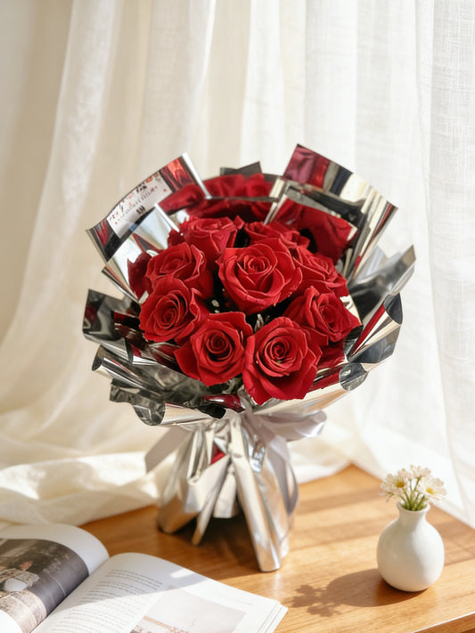 時尚打卡鏡面9枝保鮮玫瑰花束｜保鮮花 永生花 畢業花束