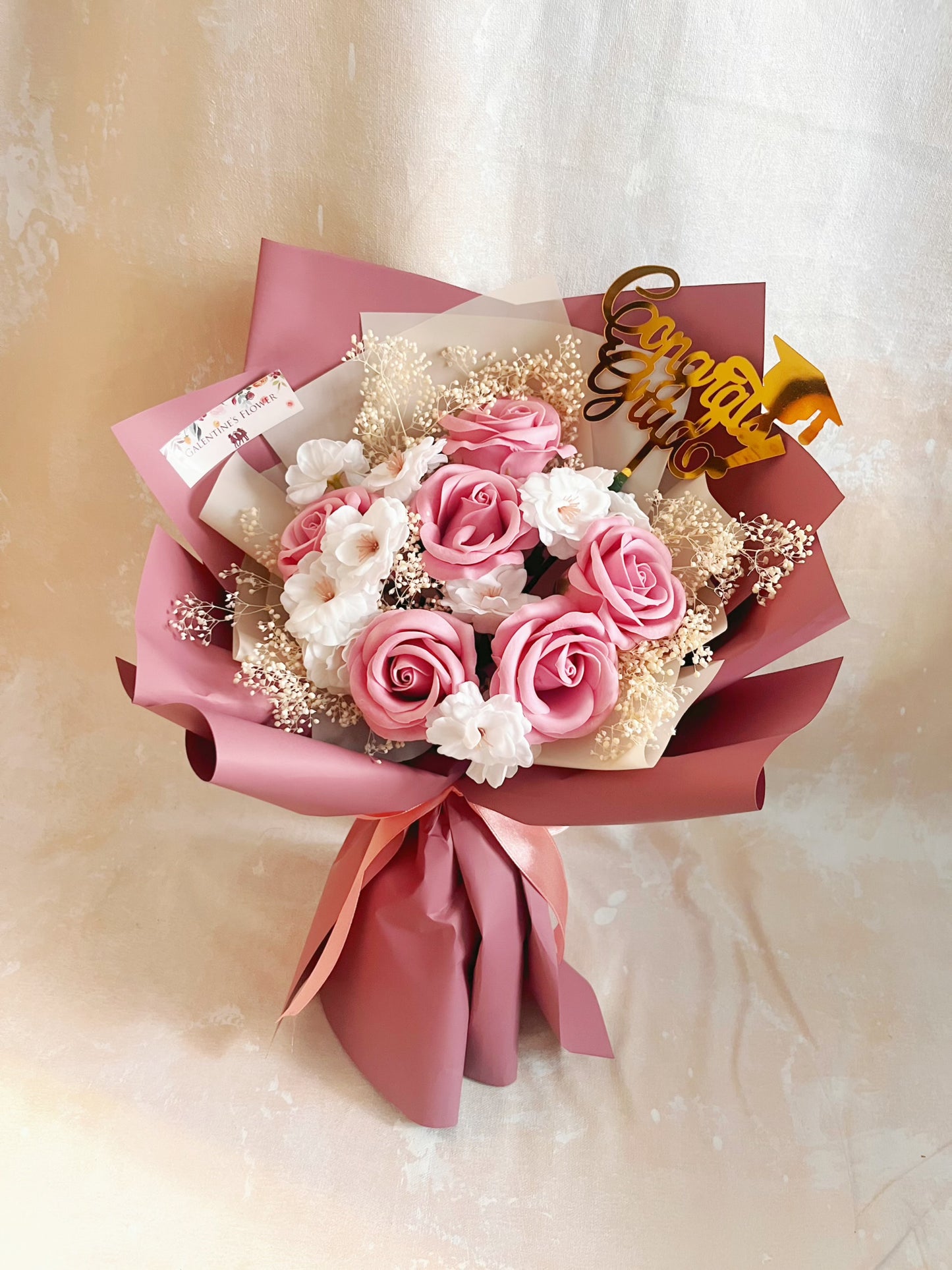 豆沙粉紅 6枝夢香梘玫瑰花束 ｜番梘花｜畢業花束 情人節花束 生日花束 中學 小學 幼稚園