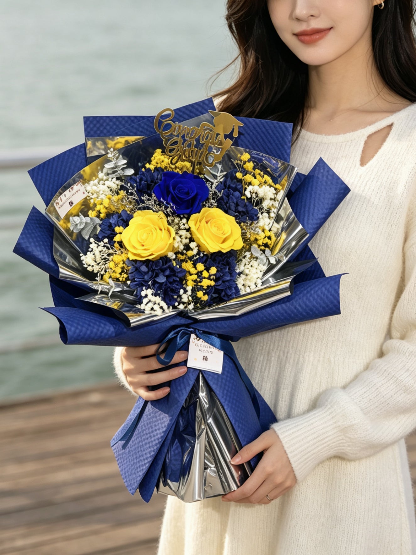 梵高夜空之花Starry Night 黃藍玫瑰過單枝保鮮玫瑰小花束｜保鮮花 永生花 畢業花束 乾花